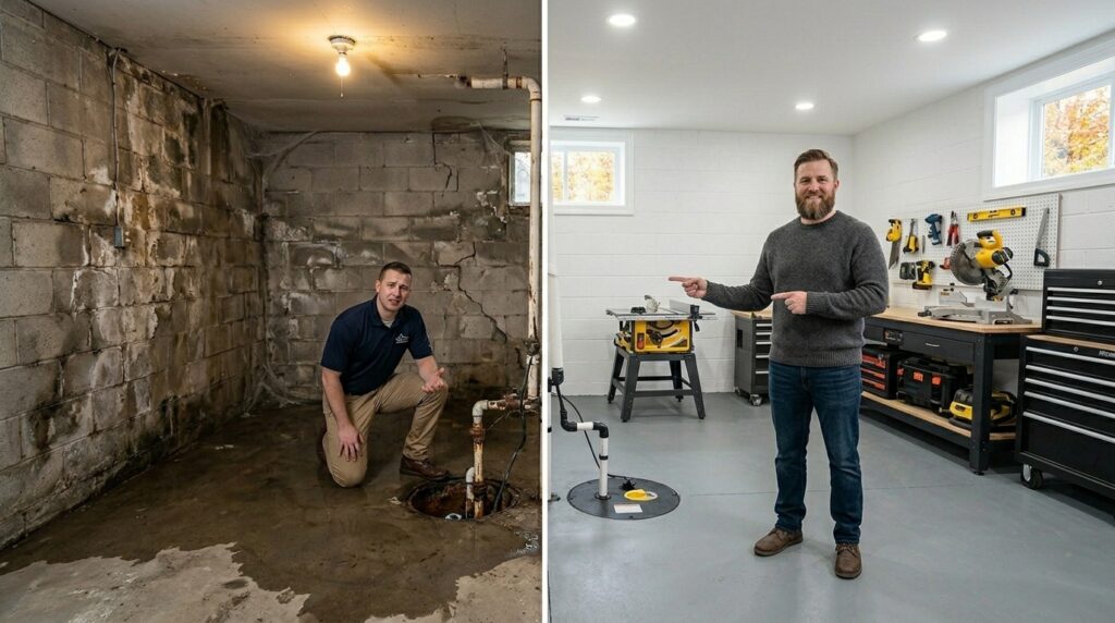 A split-screen comparison of a basement waterproofing transformation. The left side shows a dark, damp cinderblock basement with water stains and a concerned technician. The right side shows the same basement converted into a bright, dry, and organized home workshop featuring a smiling man with a beard pointing to the clean, sealed walls.