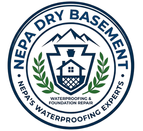 A circular professional seal for NEPA Dry Basement. The navy blue and white emblem features a central shield with a house icon highlighting a dry foundation, set against a backdrop of the Pennsylvania keystone and mountain peaks. Decorative green laurel leaves frame the center, with the text 'NEPA Dry Basement' and 'NEPA’s Waterproofing Experts' bordering the logo.